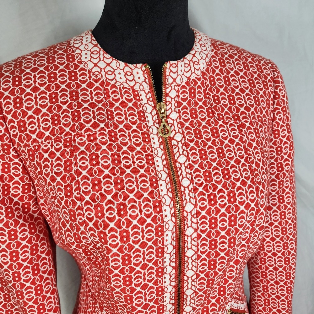 JONES NEW YORK Size Large Red‎ White Jacquard 100% Cotton Full Zip Blazer Jacket - Picture 7 of 13